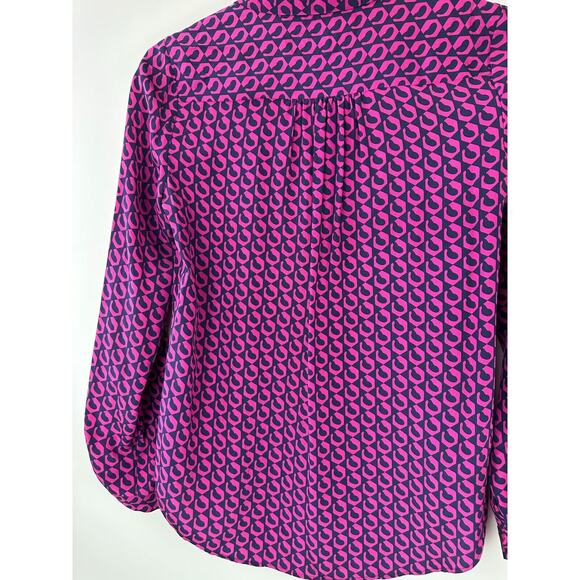 Diane von Furstenberg Silk Button Blouse Pink Navy Top Lorelei Chain DVF Size 8 - Picture 9 of 16